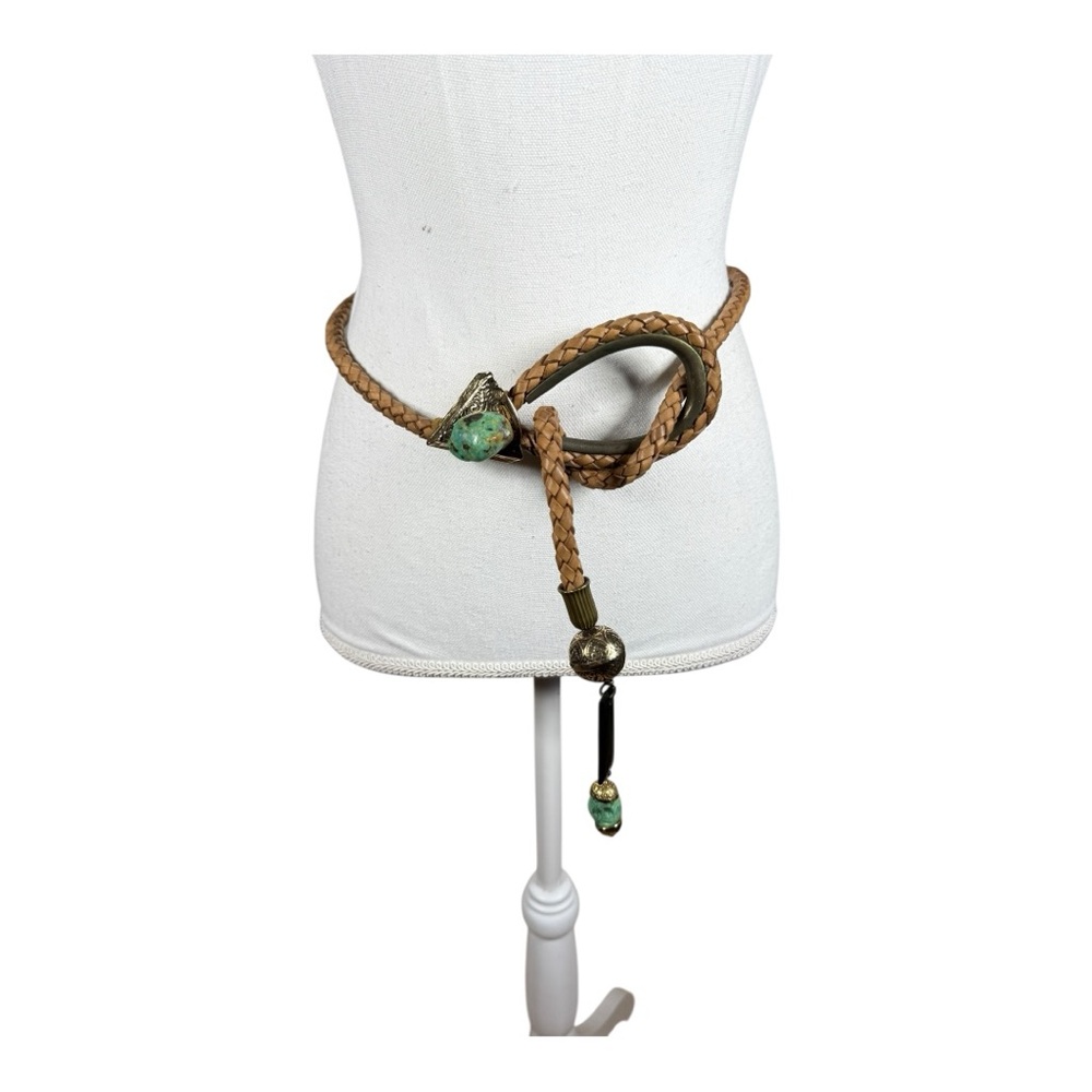 Braided Tan Belt‎ with Turquoise and Brass